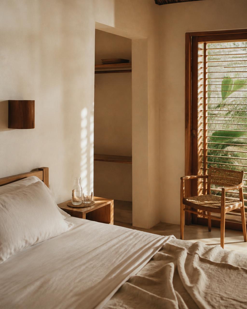 Linen bed and teak chair in a quiet guest room, morning light through shutters
